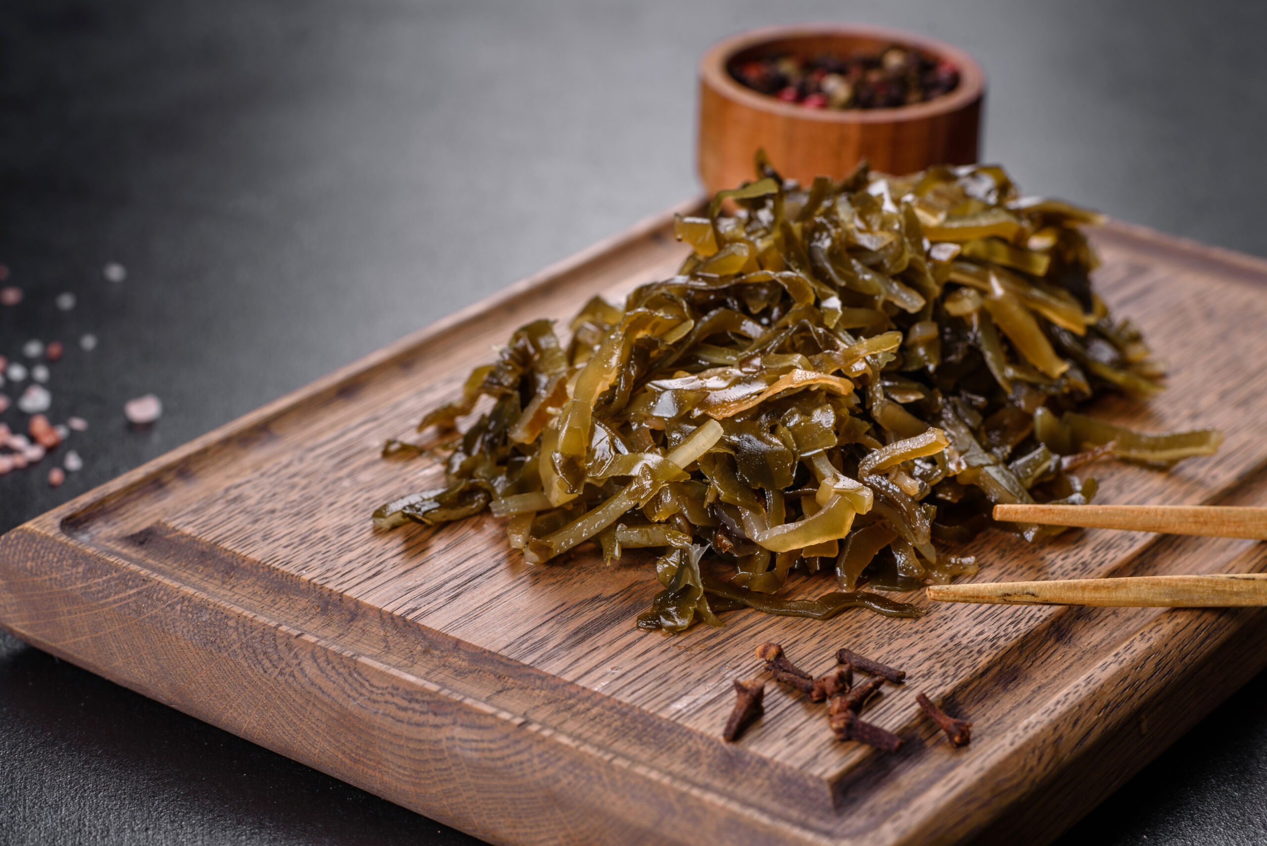 Tasty fresh sea cabbage ready to eat. Healthy Vegetarian Food with Iodine Content